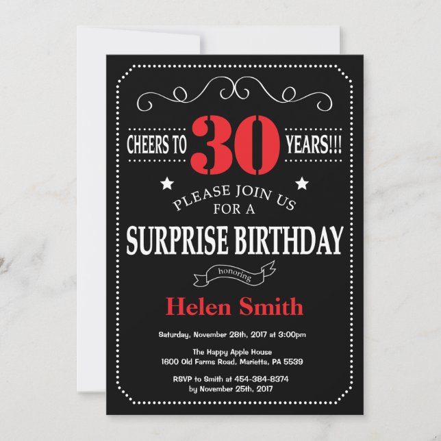 Surprise 30e anniversaire Invitation Rouge et Noir (Devant)