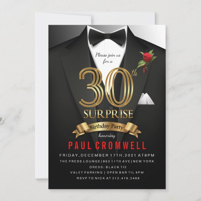 Surprise 30e anniversaire Tuxedo Invitation (Devant)