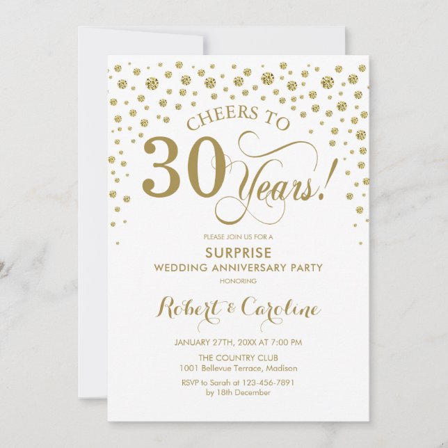 Surprise 30th Anniversary Party White Gold Elegant Invitation (Front)