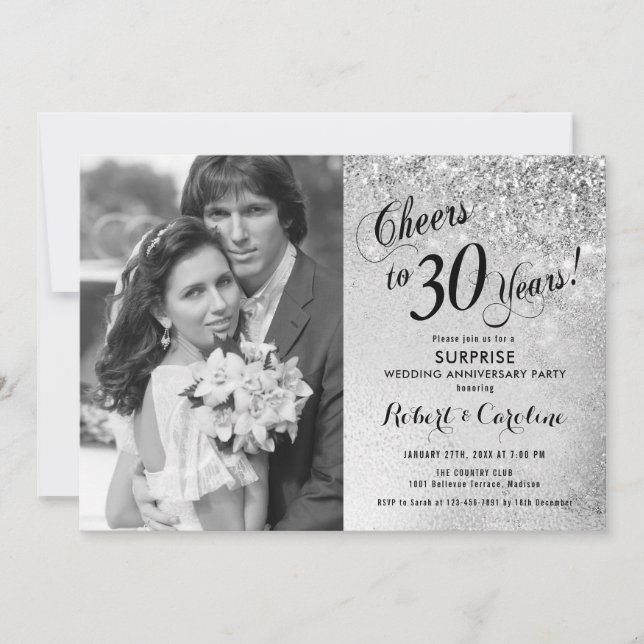 Surprise 30th Anniversary with Photo - Silver Invitation (Front)