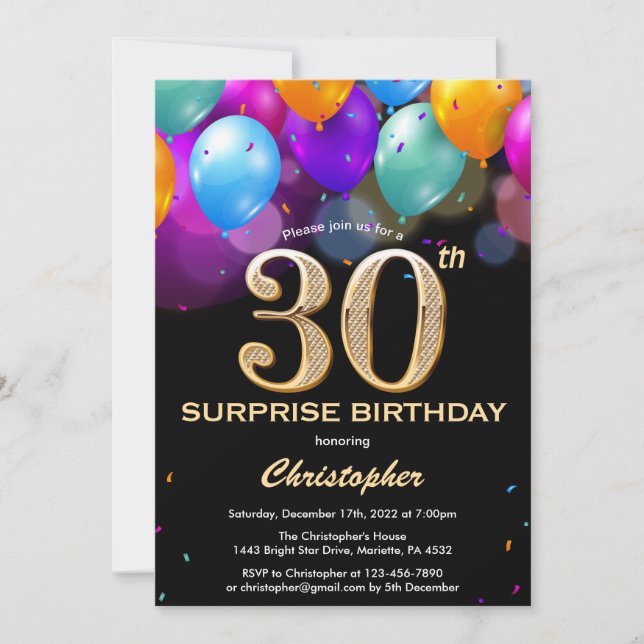 Surprise 30th Birthday Black and Gold Balloons Invitation (Front)
