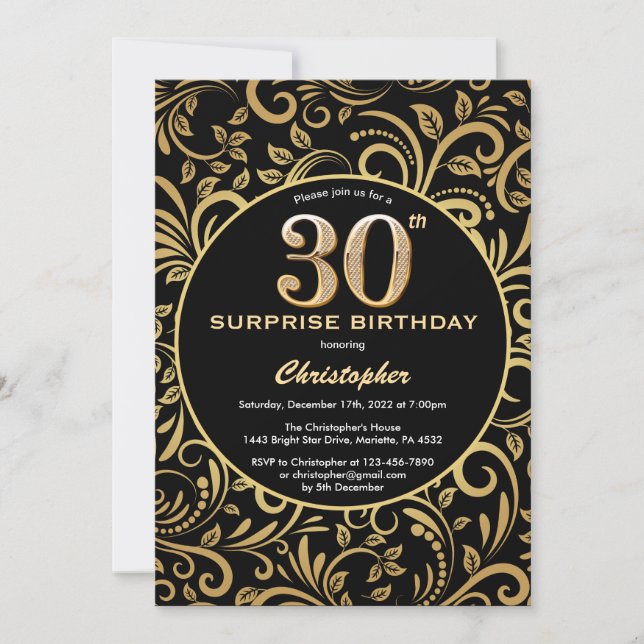 Surprise 30th Birthday Black and Gold Floral Invitation (Front)