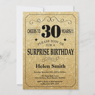 Surprise 30th Birthday Black and Gold Glitter Invitation
