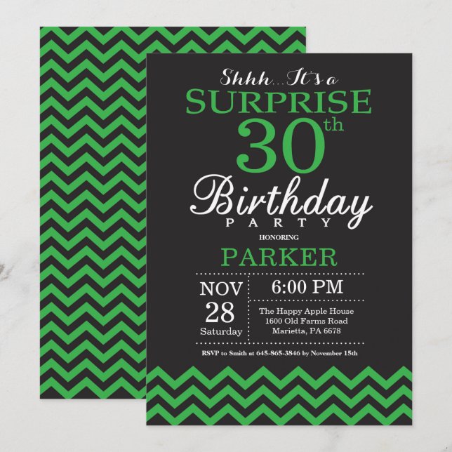 Surprise 30th Birthday Black and Green Chevron Invitation (Front/Back)