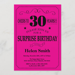 Surprise 30th Birthday Black and Hot Pink Invitation