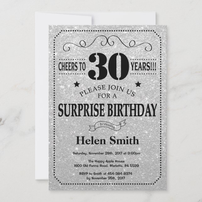 Surprise 30th Birthday Black and Silver Glitter Invitation (Front)