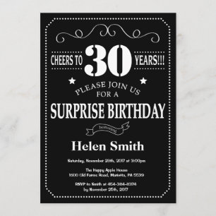 Surprise 30th Birthday Black and White Chalkboard Invitation