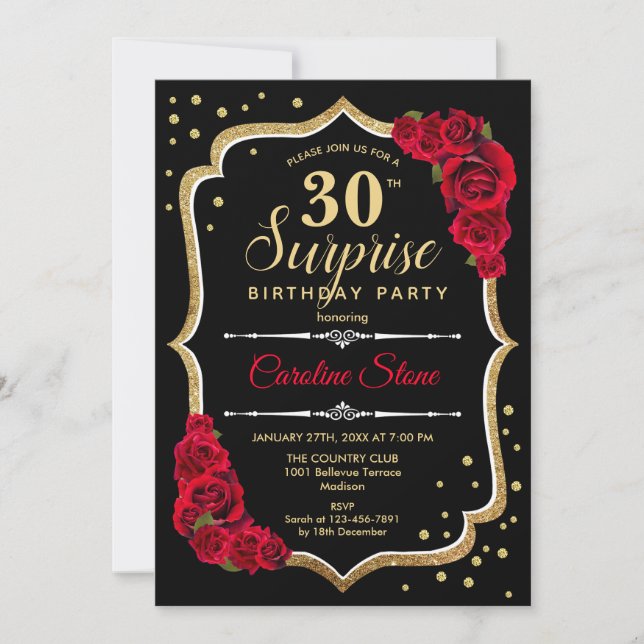 Surprise 30th Birthday - Black Gold Red Invitation (Front)