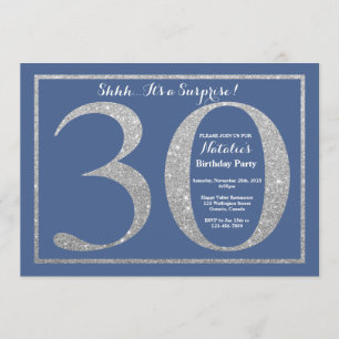 Surprise 30th Birthday Blue and Silver Glitter Invitation