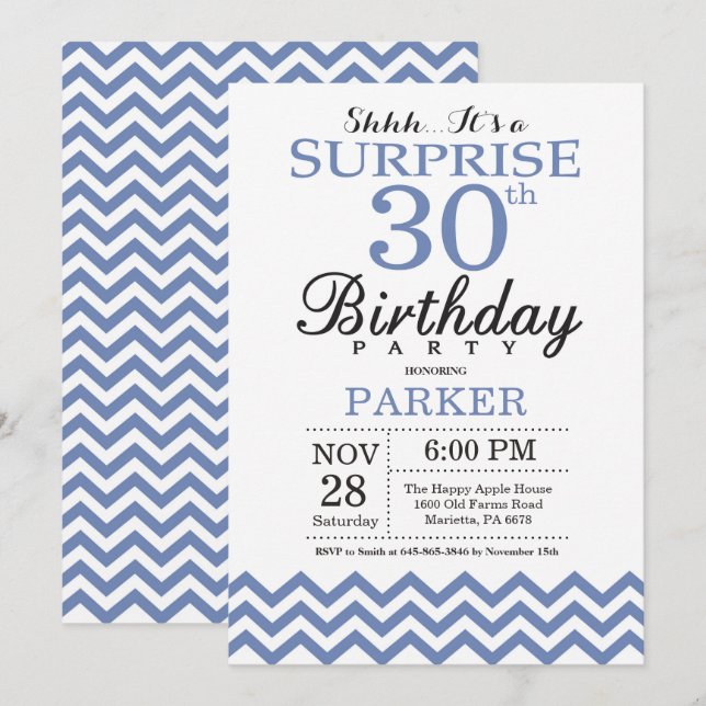Surprise 30th Birthday Blue Chevron Invitation (Front/Back)
