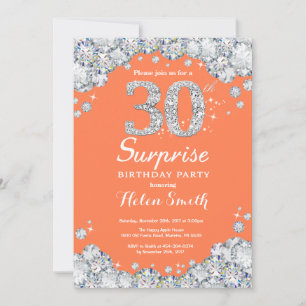 Surprise 30th Birthday Coral Silver Diamond Invitation