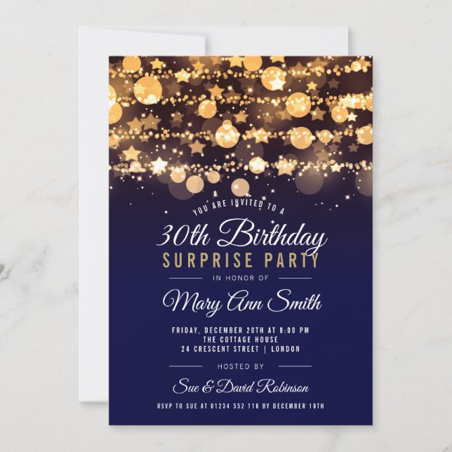 Surprise 30th Birthday Gold & Navy Invitation (Front)
