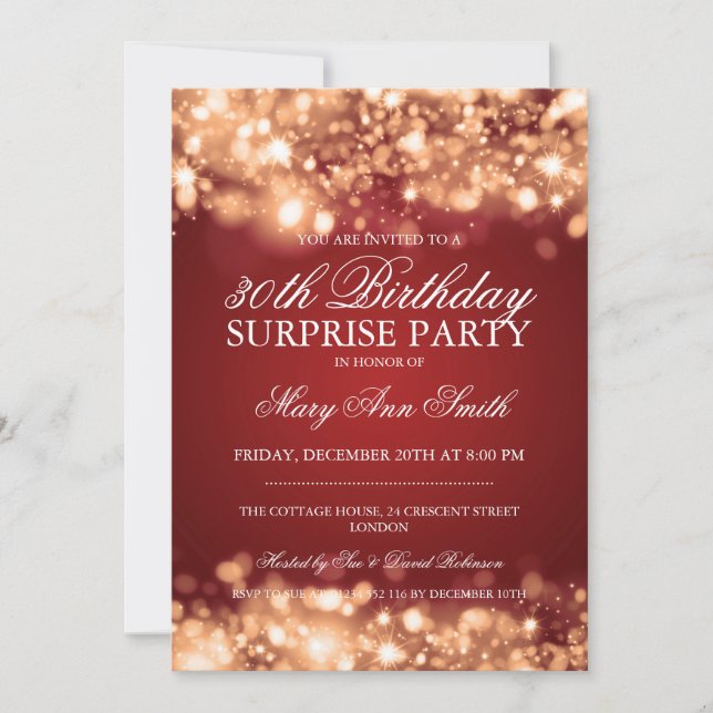 Surprise 30th Birthday Gold & Red Sparkling Lights Invitation (Front)