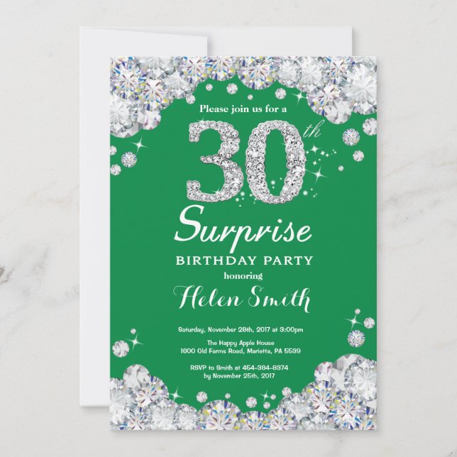 Surprise 30th Birthday Green and Silver Diamond Invitation (Front)