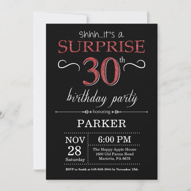 Surprise 30th Birthday Invitation Black and Red (Front)