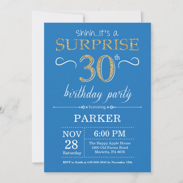 Surprise 30th Birthday Invitation Blue and Gold (Front)