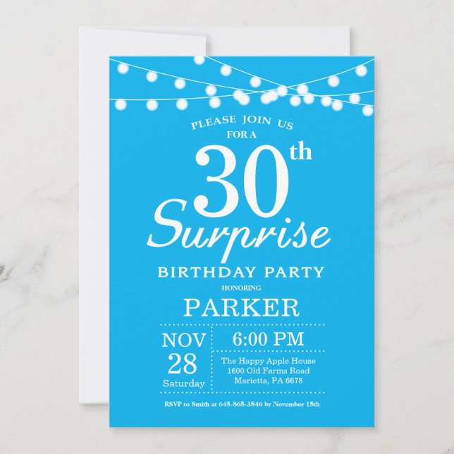 Surprise 30th Birthday Invitation Blue and White (Front)