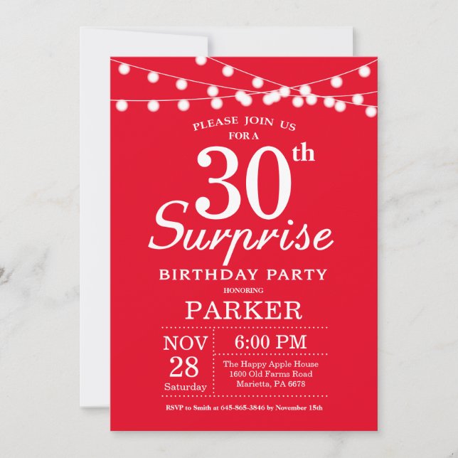 Surprise 30th Birthday Invitation Red (Front)