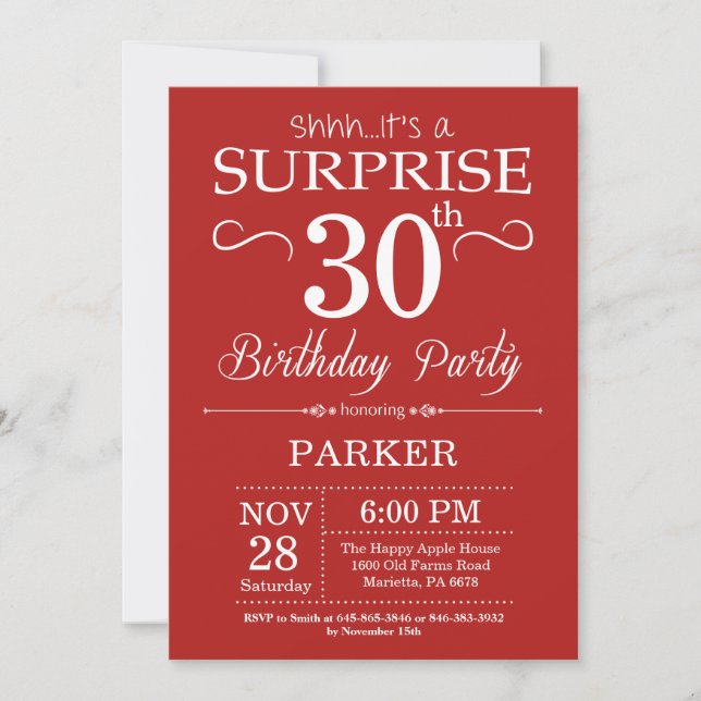 Surprise 30th Birthday Invitation Red and White (Front)