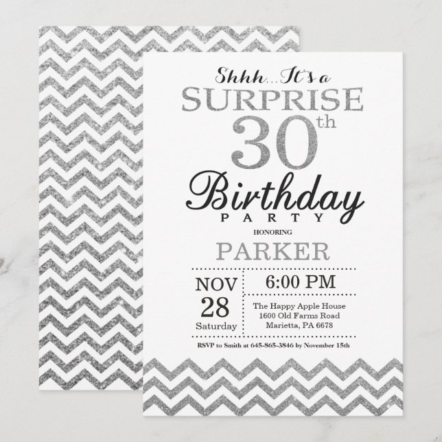 Surprise 30th Birthday Invitation Silver Glitter (Front/Back)