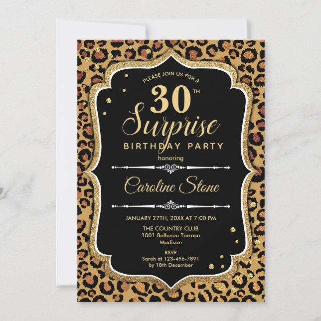 Surprise 30th Birthday - Leopard Black Gold Invitation (Front)