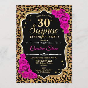 Surprise 30th Birthday - Leopard Black Gold Pink Invitation