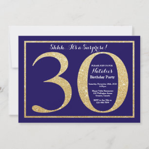 Surprise 30th Birthday Navy Blue and Gold Glitter Invitation