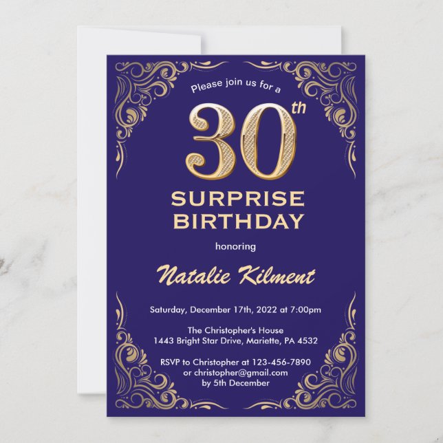 Surprise 30th Birthday Navy Blue and Gold Glitter Invitation (Front)