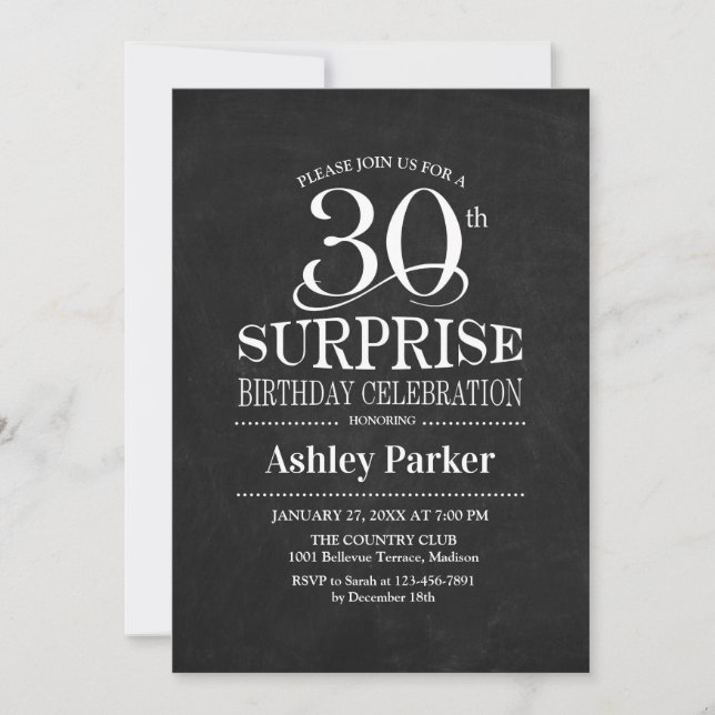 Surprise 30th Birthday Party - Black White Invitation (Front)