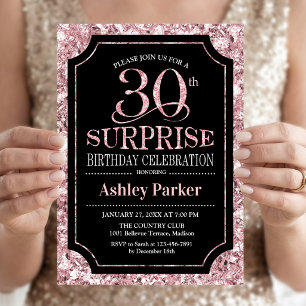 Surprise 30th Birthday Party - Rose Gold Black Invitation