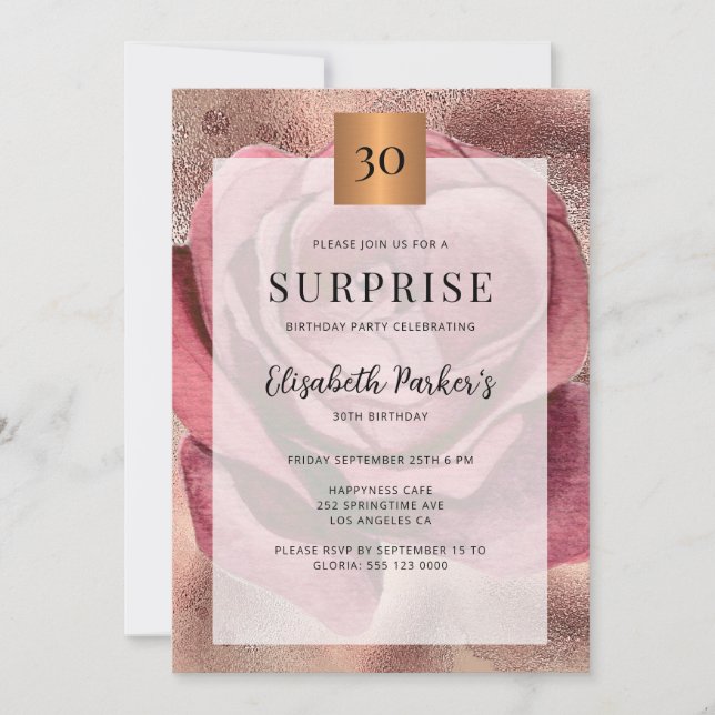 Surprise 30th birthday party rose gold glitter invitation (Front)