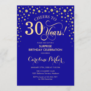 Surprise 30th Birthday Party - Royal Blue Gold Invitation