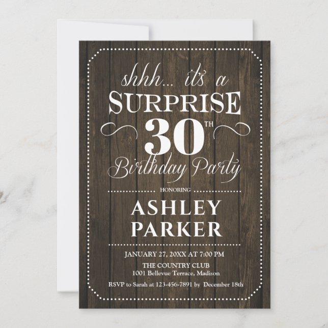 Surprise 30th Birthday Party - Rustic Wood Invitation (Front)