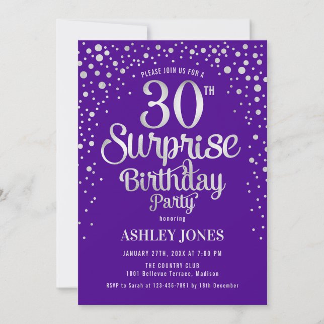 Surprise 30th Birthday Party - Silver & Purple Invitation (Front)