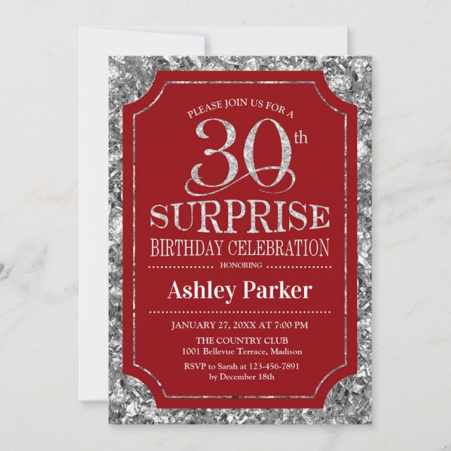Surprise 30th Birthday Party - Silver Red Invitation (Front)