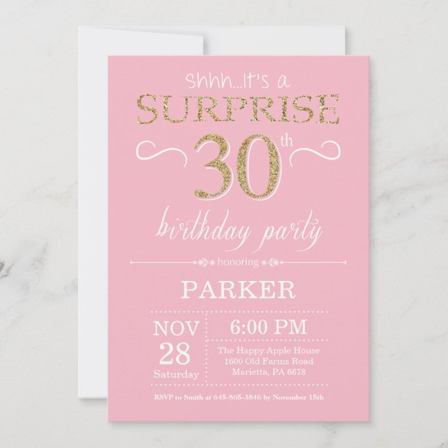 Surprise 30th Birthday Pink and Gold Glitter Invitation (Front)