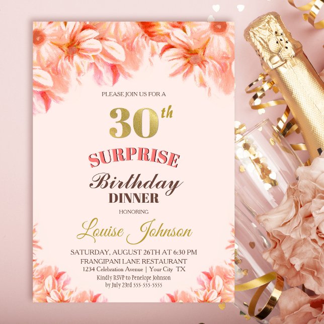 Surprise 30th Birthday Pink Gold Floral Dinner Invitation (Creator Uploaded)