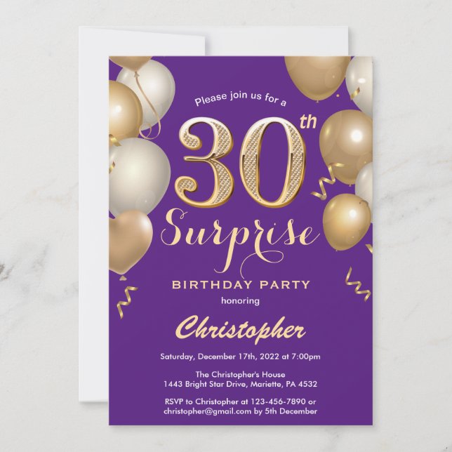 Surprise 30th Birthday Purple and Gold Balloons Invitation (Front)