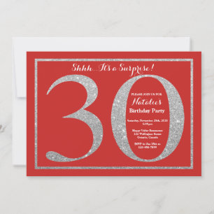 Surprise 30th Birthday Red and Silver Glitter Invitation
