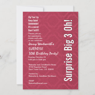 SURPRISE 30th Birthday Red and White Damask Invitation