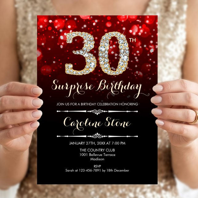 Surprise 30th Birthday - Red Gold Invitation (Creator Uploaded)
