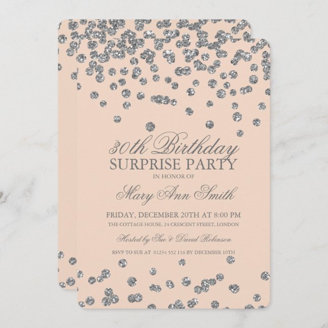 Surprise 30th Birthday Silver Glitter Blush Invitation (Front/Back)