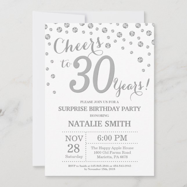 Surprise 30th Birthday Silver Glitter Diamond Invitation (Front)