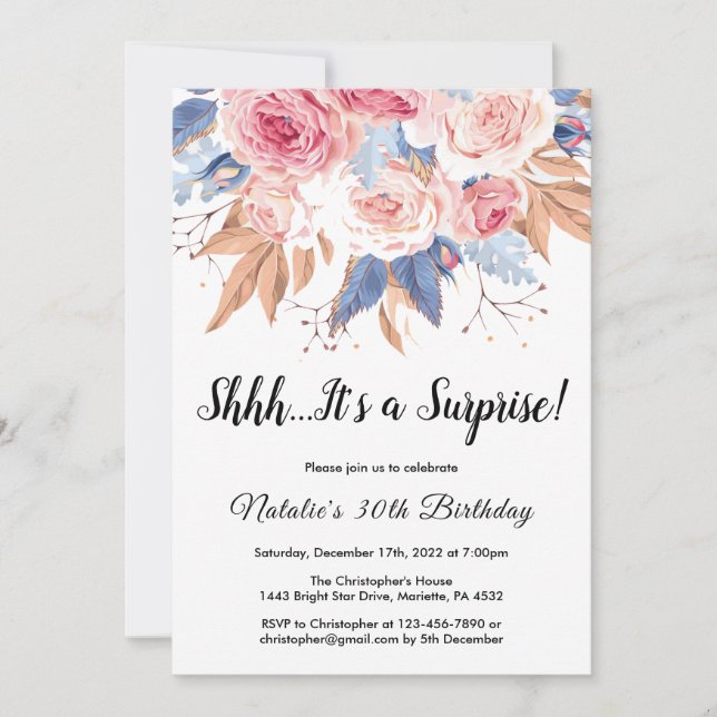 Surprise 30th Birthday Watercolor Botanical Floral Invitation (Front)