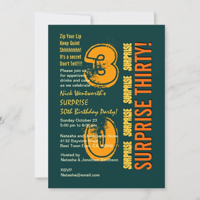 SURPRISE 30th Modern Birthday Green Gold Orange Invitation (Front)