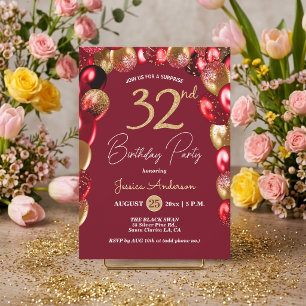 Surprise 32nd Birthday Party Gold Burgundy Glitter Invitation