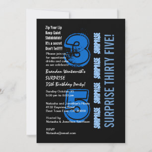 SURPRISE 35th Modern Birthday Blue and Black Invitation