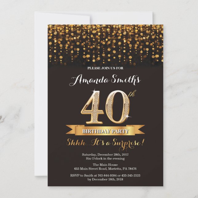 Surprise 40e anniversaire Invitation Black and Gol (Devant)