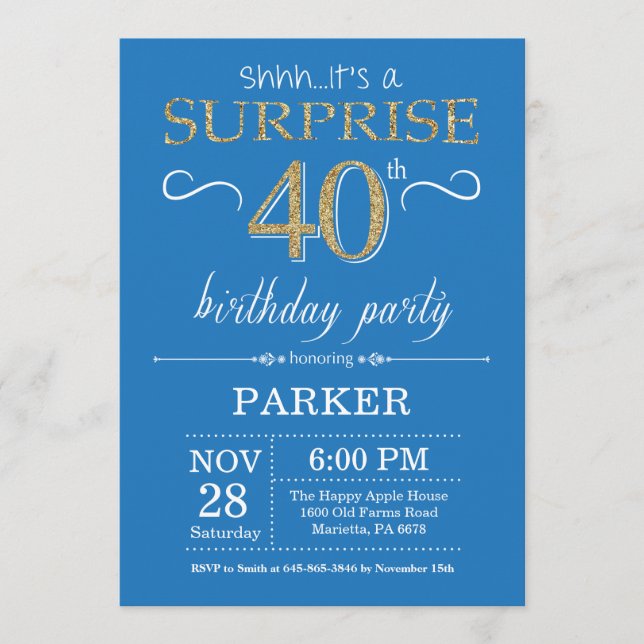 Surprise 40e anniversaire Invitation Bleu et or (Devant)