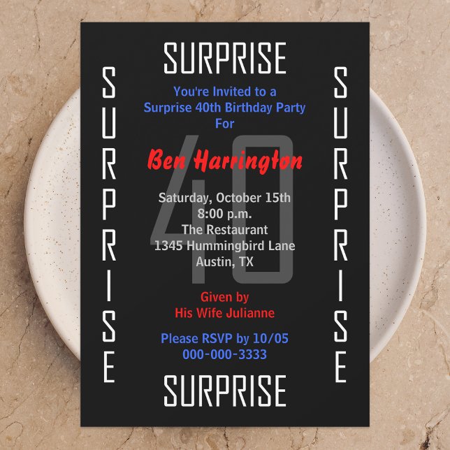 Surprise 40e anniversaire Invitation de fête 40 (Créateur téléchargé)